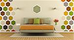 Master bedroom with hexagon decorations on wall- 3d rendering
