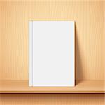 Book with empty blank cover on wooden bookshelf. White object mock-up or template