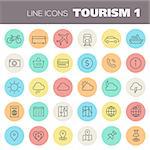 Trendy line icons - Tourism icons collection on colored round buttons, set 1