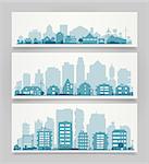 Vector horizontal banners skyline Kit with various parts of cities and small towns or suburbs. Illustration divided on layers for create parallax effect