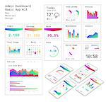 New Material design style responsive Management and Administration Dashbord UI mobile app template, with bright line and gradient elements. Smartphone mockups and infographics charts kit