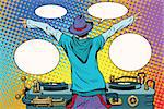 DJ party vinyl panel, view from behind. Pop art retro comic book vector illustration. Music and club