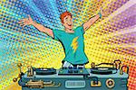 DJ on a club party. Pop art retro comic book vector illustration. Music and concert