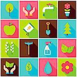 Gardening Spring Colorful Icons. Vector Illustration. Nature Set of Flat Rectangle Items with Long Shadow.