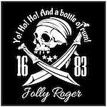 Pirates Jolly Roger symbol. Vector poster of skull with pirate eye patch, crossed bones and swords or sabers. Black flag for entertainment party decor, alcohol drink bar or pub emblem or sign on black