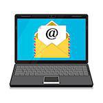 Laptop with envelope and open email on screen. Email marketing, internet advertising concepts. Also available as a Vector in Adobe illustrator EPS 10 format.