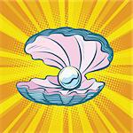 Open seashell with pearl. Sea treasure, jewel. Comic cartoon illustration pop art retro vector