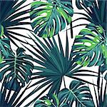 Tropical background with jungle plants. Seamless tropical pattern with green sabal palm and monstera leaves. Vector illustration.