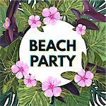 Bright floral banner template for summer beach party. Tropical flyer with green exotic palms and pink flowers, vector illustration.