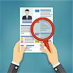 Hands holding a resume and learn it through a magnifying glass, the employer is considering job candidates resume. business concept job interview. Also available as a Vector in Adobe illustrator EPS 10 format.