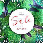 Green botanical summer tropical sale flyer with palm leaves and exotic purple flowers. Floral template, vector illustration.