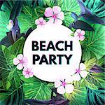 Customizable floral design template for summer party. Tropical flyer with pink and purple exotic flowers and green palm leaves, vector illustration.