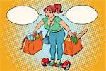 Young woman with grocery shopping on gyrometer. Comic book illustration pop art retro color vector