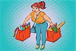 Young woman with grocery shopping. Comic book illustration pop art retro color vector