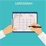 Doctor holds cardiogram on clipboard in hands and examines it. Medical and healthcare concept. flat style icons. isolated vector illustration