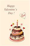 Festive colorful greeting card with tier cake, hearts for Valentine's Day, birthday, romantic holidays, invitation at the tea party, wedding. eps 10