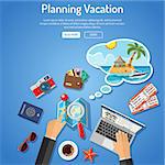 Planning Vacation Concept and Tourism Infographics with Flat Icons for Mobile Applications, Web Site, Advertising like Planning, Booking, Tickets, Money, Speech Bubble, Island, Map and Hands.