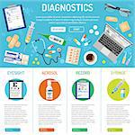 medical, healthcare and diagnostics banner and infographics with flat icons like eyesight, health treatment, record, prescription. isolated vector illustration
