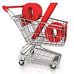 Red shopping cart with percent sign, isolated on white background