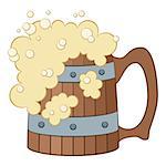 Big Wooden Beer Mug with Alcohol Drink and Foam, Cartoon Element for Your Design, Isolated on White Background. Vector