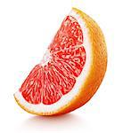 Standing ripe slice of pink grapefruit citrus fruit isolated on white background with clipping path