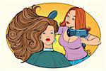 blow drying women hair Barber. Comic book cartoon pop art retro style vector illustration