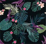 Seamless tropical pattern with green palm leaves and hibiscus flowers on dark background. Vector illustration.