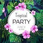 Bright floral banner template for summer beach party. Tropical flyer with green exotic palms and pink flowers, vector illustration.