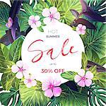 Summer tropical sale banner with exotic pink and purple flowers. Jungle floral template, vector illustration.