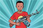 African boy with AKM automatic weapons. Comic cartoon style pop art vector retro illustration