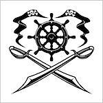 Pirates emblem - steering wheel and crossed swords or sabers. Black flag for entertainment party decor