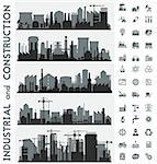 Vector horizontal banners with industrial part of city and constructions. Factories, refineries and power plants. Icons collection
