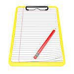 Yellow clipboard and blank lined paper. 3D render illustration isolated on white background