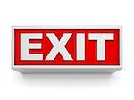 Exit sign on white wall. 3D rendered illustration isolated on white background