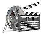 Film reel and movie clapper board. Video icon. 3D render illustration isolated on white background