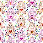 Seamless Holiday Background with Cartoon Rabbits, Bunnies with Valentine Hearts and Gift Boxes in Paws, Tile Pattern with Cute Characters and Colorful Confetti. Eps10, Contains Transparencies. Vector