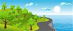 Cartoon illustration of the rural summer landscape with road and ocean