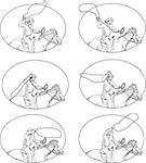 Collection set of illustrations of  a rodeo cowboy holding lasso riding horse viewed in different movements set inside oval shape done in drawing sketch style.