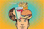 Man with an open head fast food. Comic cartoon style pop art retro color vector illustration