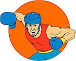 Drawing sketch style illustration of an amateur boxer wearing headgear hitting an overhead punch viewed from front set inside circle shape.