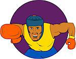 Drawing sketch style illustration of an amateur boxer wearing headgear punching viewed from front set inside circle.