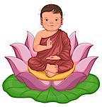 Newborn buddha boy sits in lotus flower. Isolated on white vector cartoon illustration