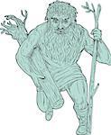 Drawing sketch style illustration of a leshy or Leshiye , a tutelary spirit of the forests in Russian or Slavic folklore holding tree trunk and staff viewed from front on isolated white background.