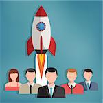 Group of business people with rocket behind them. Teamwork concept. Successful start up. Also available as a Vector in Adobe illustrator EPS 10 format.