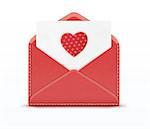 Vector illustration of love letter concept with open red envelope and white paper with big red spotted heart