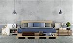 Master bedroom in rustic style with pallet double bed - 3d rendering