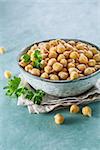 Sprouted chickpeas in the bowl. Healthy food. Selective focus