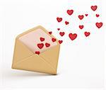 Vector illustration of love letter concept with open envelope with flying out little red hearts