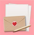 Vector illustration of love letter concept with sharpened detailed wooden pencil, letter paper, closed envelope and little red heart on it