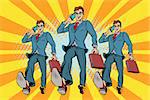 Several businessmen with telephone marching. Pop art retro vector illustration drawing